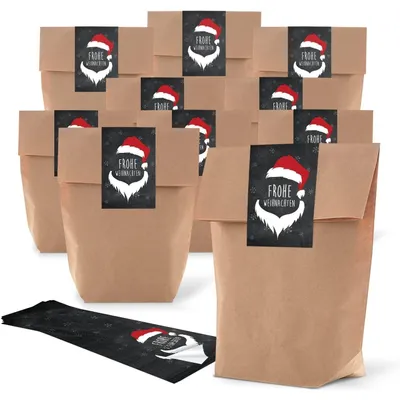 Produktbild von Papiertüten mit Nikolaus Aufkleber 19 x 29,5 x 7,5 cm (10 Stück)Weihnachtsmann Schwarz, Rot, Weiß / 25 Stück