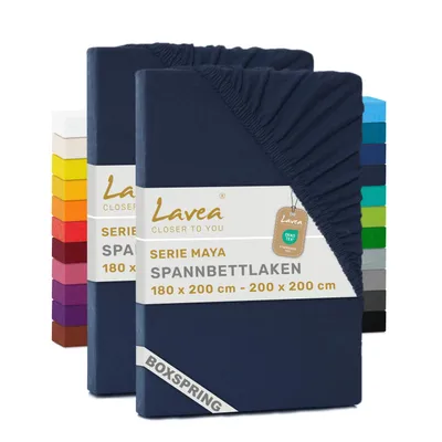 Produktbild von Lavea® 2er Pack Spannbettlaken 180/200x200 cm, Jersey Bettlaken 100% Baumwolle – Boxspringbetten, Wasserbetten, Matratzen bis 35 cm – Galaxyblau