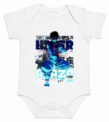 Productafbeelding van Anime-masker met blauwe neonkleuren, spierpose, manga-stijl. Babyromper, wit, maat 3/6 maanden