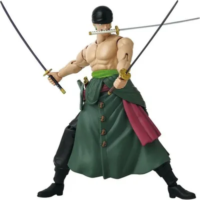 A figurine of the anime character Roronoa Zoro from One Piece, posed with three swords.