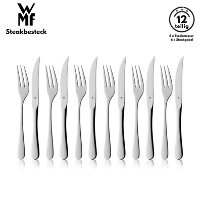Produktbild von WMF Steakbesteck-Set 12-teilig, Hochwertige Cromargan® Edelstahl Steakmesser und Gabeln, Monoblock geschmiedet, Wellenschliff, für 6 Personen