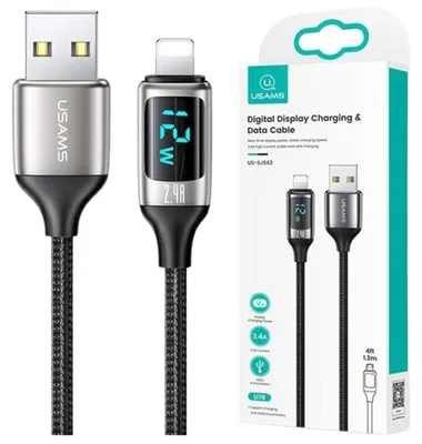 Image de Usams Braided Cable U78 Lightning 1.2M Led 2.4A Fast Charging Silver Black Sj543Usb02 (Us-Sj543)