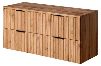 Produktbild von Waschtisch-Unterschrank 120 cm Wotaneiche mit gerillter Front und Waschbecken, Badschrank mit 4 Softclose-Auszügen, B/H/T ca. 120,6/59,2/46,5 cm