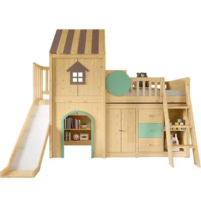 Produktbild von Hochbett mit Rutsche, Lattenrost, Bücherregal, Schubladen, Kleiderschrank, Rausfallschutz und Dach, 90x200 cm, Kinderbett, Holzbett, Hausbett, Kiefer