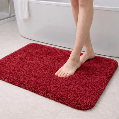 Image de Tapis de bain en microfibre, 80 x 50 cm, rouge vif, absorbant, pelucheux, avec dos en TPR, lavable en machine