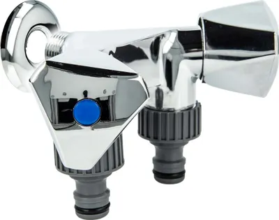 A close-up studio shot of a chrome-plated dual outlet valve with two hose connectors and a blue button.