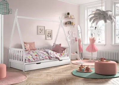 Produktbild von VIPACK - TIPI Bett 90x200 cm mit seitlicher Umrandung und Bettschublade, Kiefer teilmassiv weiß