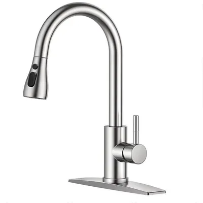 Produktbild von Küchenhahn aus 304 Edelstahl mit ausziehbarer Sprühbrause, hoher Auslaufbogen, 360° drehbar, Mischbatterie für Küchenspüle