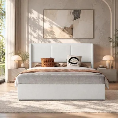 Image de INONEFT, lit rembourré 160x200 cm avec rangement, lit pour adolescents à mécanisme hydraulique, lit double pour adolescents avec sommier à lattes, en lin, couleur beige