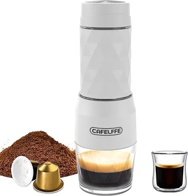 Produktbild von CAFELFFE 3-in-1 tragbare manuelle Espressomaschine, 18 Bar, Kalt- und Heissbrueh-Mini-Kaffeemaschine mit Milchschaum-Presshebel, 120-ml-Tasse, funktioniert mit DG/NES-Kapsel und gemahlenem Kaffee