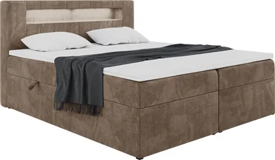 Produktbild von MEBLINI Boxspringbett mit Bettkasten - Bett mit LED Kopfteil - Gepolstert Doppelbett mit Matratze und Topper - Polsterbett mit Stauraum - Stauraumbett - ASPIN - 180x200 - H4/Braun Samt