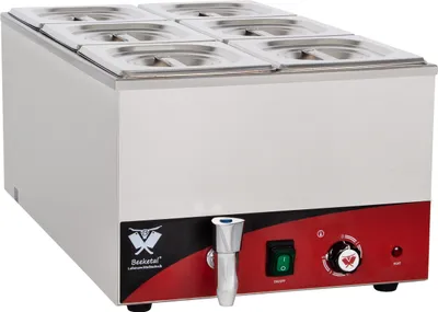 A stainless steel bain-marie with six compartments, a front control panel with a tap, power switch, and temperature dial.