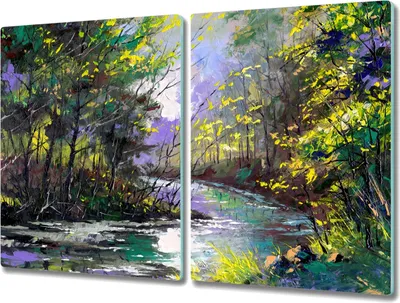Produktbild von Coloray Schneidebrett Herdabdeckplatte 2x40x52 cm Kochplattenabdeckung Küchenbrett Hackbrett - Malerei Baum Wald Fluss