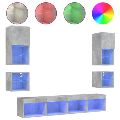 Productafbeelding van 8-delige Tv-wandmeubelset met LED bewerkt hout betongrijs