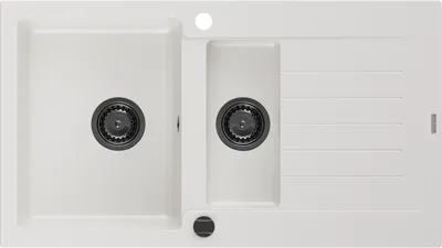 Produktbild von Mexen Matias 1,5-Becken-Granitspüle mit Abtropffläche 900 x 505 mm, Weiß, Siphon Schwarz - 6502901505-20-B
