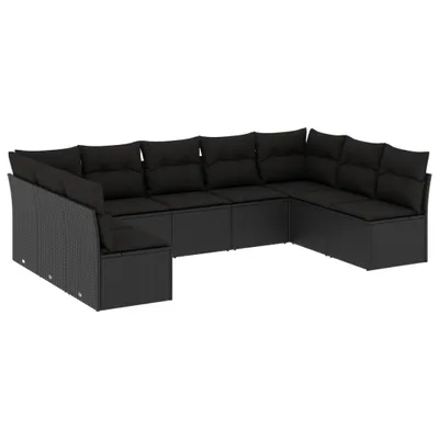 Image de vidaXL Ensemble de salon de jardin 9 pièces avec coussins noir poly rotin
