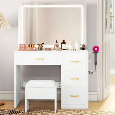 Produktbild von BALCONERA Schminktisch mit Spiegel und Beleuchtung Weiß – Kosmetiktisch/Frisiertisch mit 4 Schubladen und Steckdose | Make-up Tisch / Vanity Table