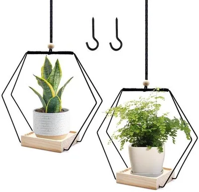 Image de Lot de 2 jardinières suspendues, métal et bois, pour l'intérieur