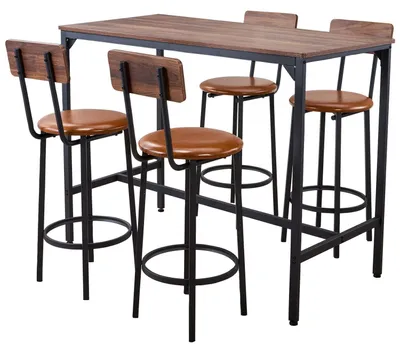 Productafbeelding van Bartoel, set van 5 stuks, 1193,8 mm. Barstoelen en -tafels met afgeronde randen. Rechthoekige barkrukset met vier barkrukken, geschikt voor de woonkamer, eetkamer of keuken. Kleur: walnoot, zwart