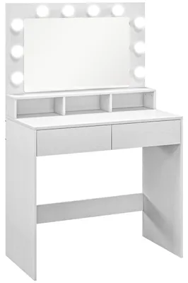 Produktbild von Schminktisch mit beleuchtetem Spiegel 10 Hollywood-Glühbirnen 3 Lichtstufen 2 Schubladen 3 Fächer Kippschutz WeiØ 80 x 40 x 135 cm
