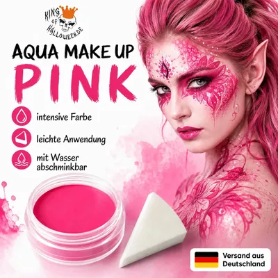 Produktbild von Premium Aquaschminke Pink 14 g mit passendem Schminkschwamm – wasseraktivierbare Gesichtsfarbe mit hoher Deckkraft für Halloween Make-up, Karneval, Fasching, Cosplay, Theater, Bühne, Gothic Look, Totenkopf, Skelett, Zombie, Hexe, Vampir, Teufel, Horror Ko