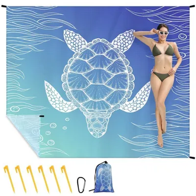 Produktbild von Picknickdecke 140 x 200 cm, Stranddecke mit Befestigung, Karabiner, ultraleicht, wasserdicht, sanddicht, blau-meeresschildkröten