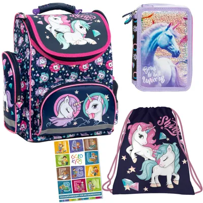 Produktbild von 4er Set Schulranzen Ranzen Tornister Federmappe Turnbeutel Turnsack Aufgabenheft für die Grundschule Einhorn Unicorn Motiv