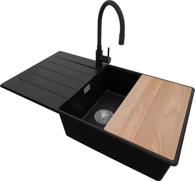Produktbild von PRIMAGRAN Granitspüle Schwarz 90x50cm, Spülbecken 1 Becken + Küchenarmatur 40x38cm + Ablauf-Set + Schneidebrett, Küchenspüle ab 60er Unterschrank - Kopenhagen