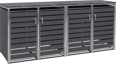 A set of four dark gray trash bins with silver frames, shown from the front.