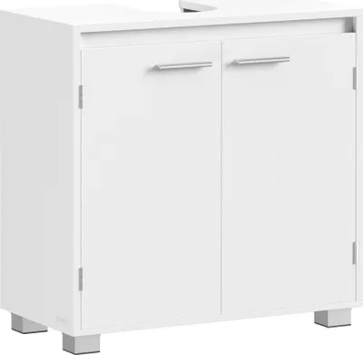 A white cabinet with two doors and silver handles, standing on four silver block legs.