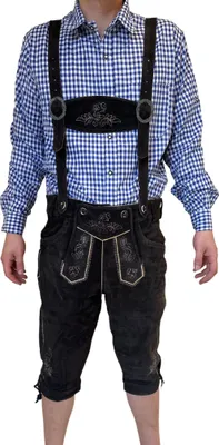 Produktbild von Premium Deluxe Lederhose Herren Tracht Kneelength Trachtenhose Herren Traditional Lederhose Mit Riemen für Herren   Hose Mittelbraun, Größe: 48 Farbe: Schwarz