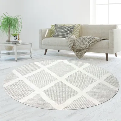 Produktbild von Schlafzimmer Wohnzimmer Teppich mit verschieden gemusterten Rauten in creme grau Größe - 120 cm Rund