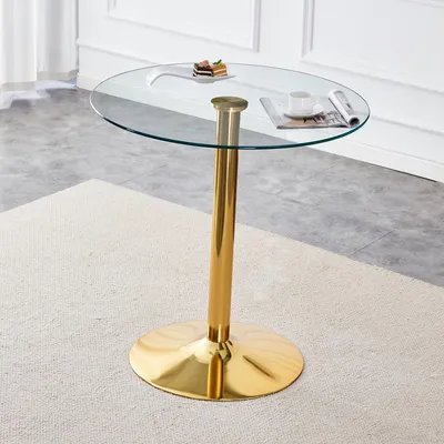Zdjęcie produktu dla Okrągły stolik barowy 89 cm, szkło hartowane, złote metalowe nogi, styl minimalistyczny