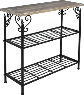 A three-tiered shelf unit with a wooden top and black metal frame.