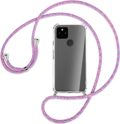 Produktbild von Handykette Backcover-Schutzhülle mit Band (Metall silberfarben) für Google Pixel 5a 5G  - lila/rosa/blau