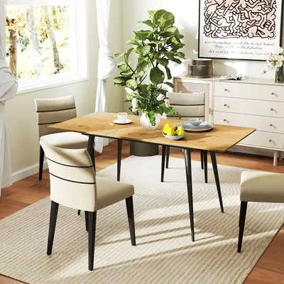 Produktbild von Küchentisch MDF Stahlgestell erweiterbar, Esstisch ausziehbar 120–160 cm, Naturholz  |  27 kg  |  6–8 Personen  |  160 x 75 x 77 cm