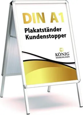 Produktbild von Wetterfester A1 Kundenstopper silber rund Plakatständer Outdoor beidseitig Keitum Gehwegaufsteller Werbetafel