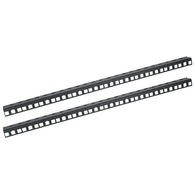 Two black server rack rails are shown diagonally against a white background.