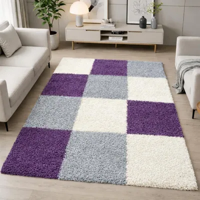 Produktbild von Shaggy Teppich Mehrfarbig Lila Grau Creme für Wohnzimmer Schlafzimmer – moderner Hochflor Teppich weich flauschig stilvoll langlebig pflegeleicht Größe - 160 x 230 cm