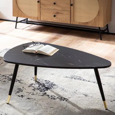 Image de Table basse FineBuy 90 x 60 x 41 cm, aspect marbre noir, table de salon à trois pieds avec structure métallique, table de salon triangulaire, table d'appoint