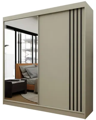 Productafbeelding van Kledingkast Neli, 200 cm hoog, met lamellen en spiegel, inclusief 2 schuifdeuren. Schuifdeurkledingkast (kleur: kasjmier, kasjmier, lamellen zwart)