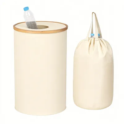 Image de Conteneur de collecte de bouteilles consignées Relaxdays 100 l, sac lavable, dimensions : 75 x 40 cm, collecteur de bouteilles avec couvercle, Oxford, beige