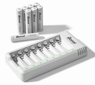 Immagine prodotto di Caricabatterie BONAI con 8 batterie AAA ricaricabili da 1100mAh NI-MH – Set composto da caricabatterie e 8 batterie AAA