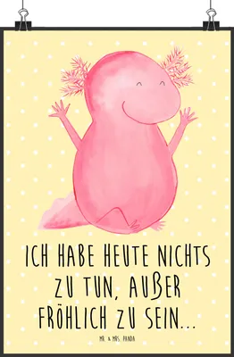 Produktbild von Mr. & Mrs. Panda Bild Axolotl Hurra DIN A2 - Gelb Pastell - Geschenk, Wandbild, drucke, Motivation, Deko, Lurch, wanddeko, Spaß, Plakat
