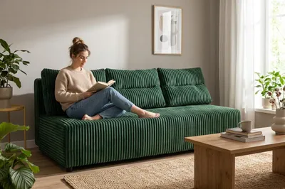 Produktbild von Schlafsofa KIMO Idylla – Schlaffunktion & Bettkasten, Cord in Grün, Family Meble, KI-generiertes Bild