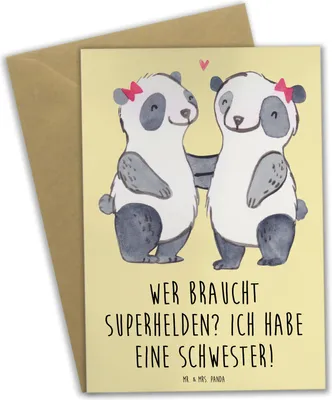 Produktbild von Mr. & Mrs. Panda Glückwunschkarte Liebe Schwester - Gelb Pastell - Geschenk, Geschenke, dankeskarten, Familie, Grußkarten, Familiengeschenk, weihnachtskarten, Bindung