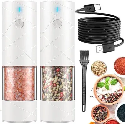 Image de Set de moulins à épices électriques - Lot de 2 - Rechargeable par USB - Éclairage LED - Moulins automatiques - Grande capacité - Accessoires de cuisine modernes - Blanc