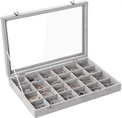 Produktbild von Graue Schmucklade 24 Fächer Organizer mit Deckel und Schloss