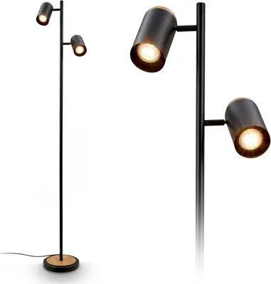 Image de Briloner DUTA Lampadaire, Orientable, Douille GU10, Interrupteur à câble, à 2 ampoules, noir-bois, 26 x 26 x 159,5 cm