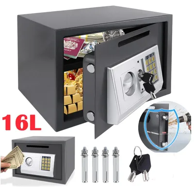Produktbild von Digitaler Tresor - Sicherheitstresor 16 l - Elektronisches Zahlenschloss - 2 Notschlüssel - 4 Verankerungsbolzen - Für Bargeld und Dokumente Zuhause/Büro - Grau